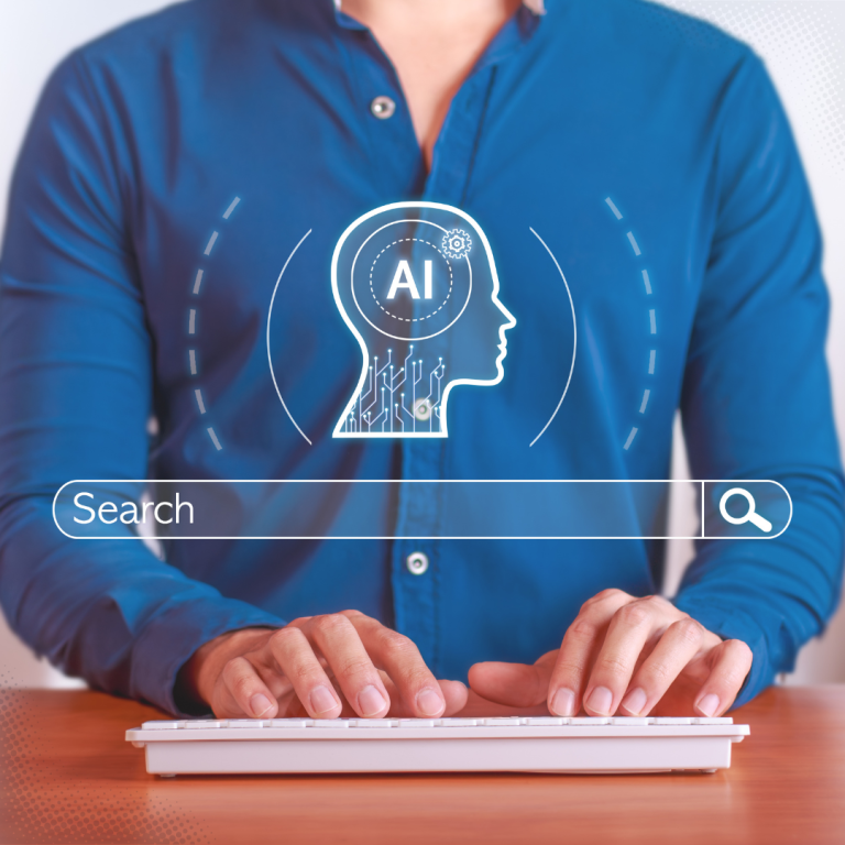man typing on keyboard with AI search bar